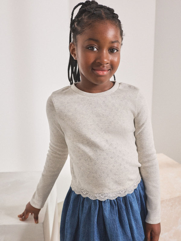 Grey Pointelle Lace Trim Long Sleeve Rib Top (3-16yrs)