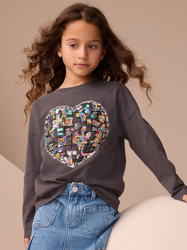 Charcoal Grey Heart Long Sleeve Sequin Top (3-16yrs)