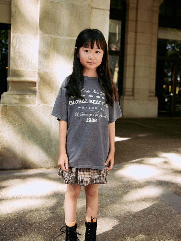Charcoal Grey Oversized T-Shirt Check Skirt Set (3-16yrs)