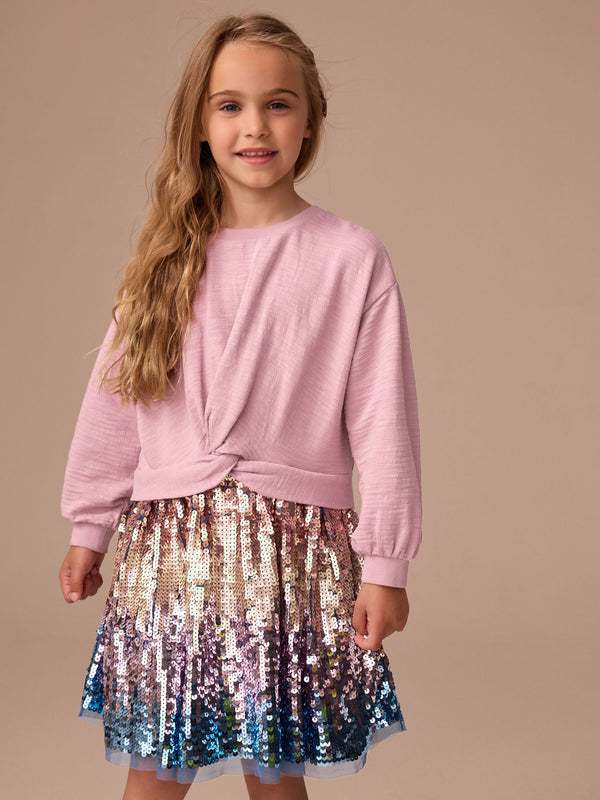 Pink Long Sleeve Sequin Skirt Dress (3-12yrs)