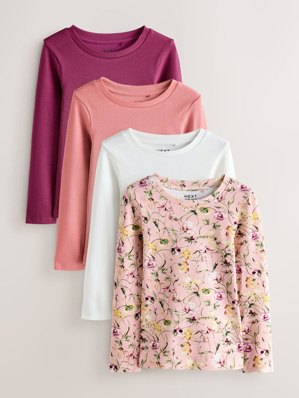 Pink Floral Print Long Sleeve Ribbed T-Shirts 4 Pack (3-16yrs)