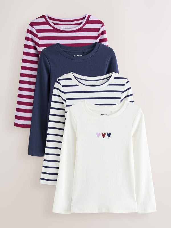 Burgundy/Ecru Long Sleeve Ribbed T-Shirts 4 Pack (3-16yrs)