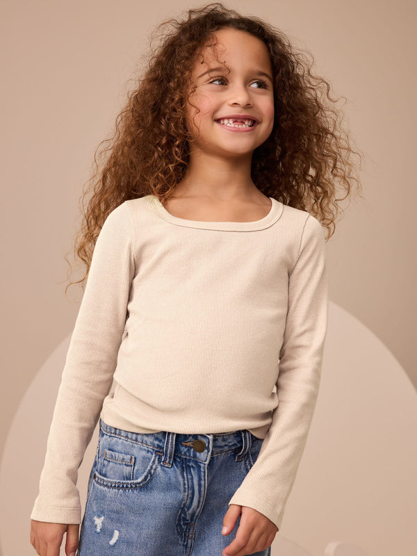 Oatmeal Long Sleeve Scoop Neck Rib T-Shirt (3-16yrs)