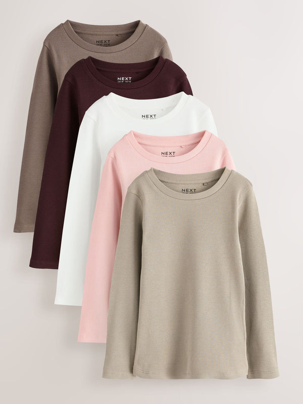 Neutral Ribbed Long Sleeve Tops 5 Pack (3-16yrs)