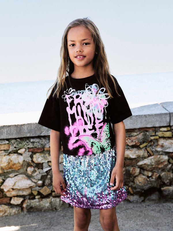 Black/Pink Sequin Skirt and T-Shirt Set (3-16yrs)