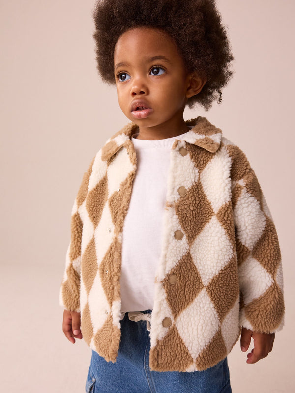 Neutral/Tan Harlequin Borg Fleece Shacket (3mths-7yrs)