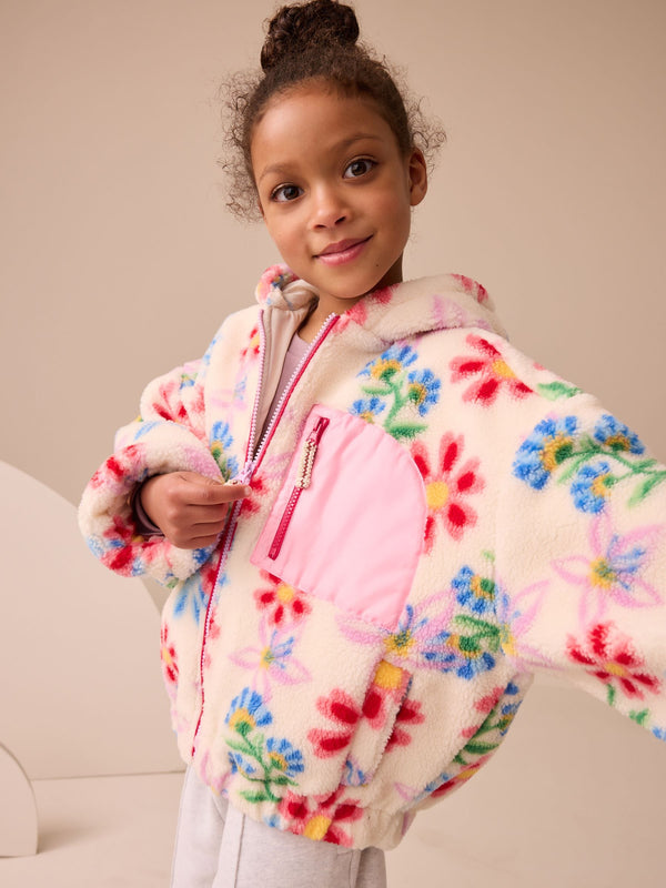 Ecru/Pink Floral Hooded Zip Borg Fleece Jacket (3-16yrs)