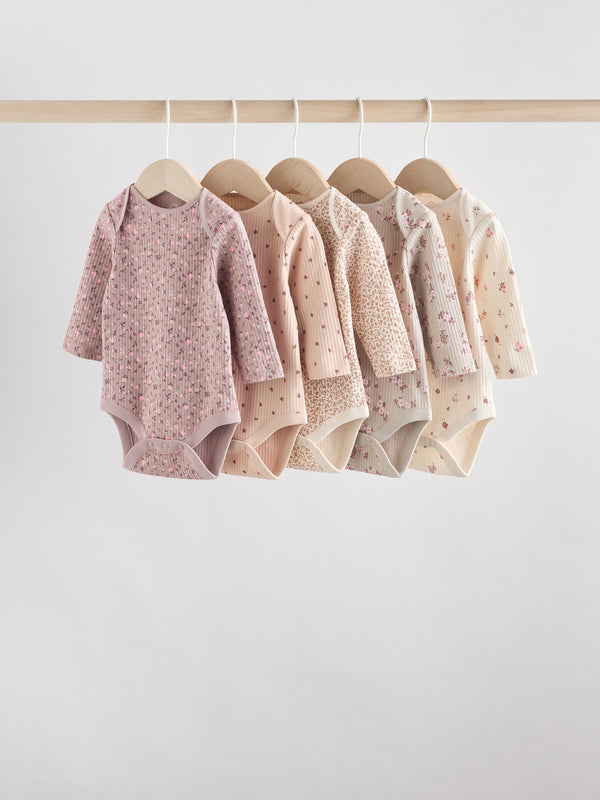 Caramel Brown Ditsy Floral Baby Long Sleeve Bodysuits 5 Pack