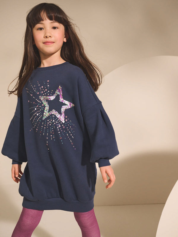 Navy Sequin Star Jumper Dress (3-16yrs)