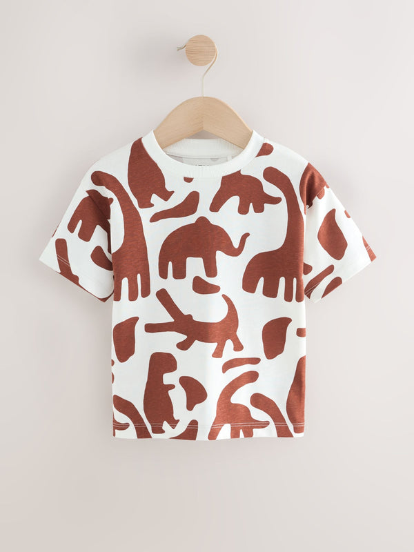 White/Burgundy Dinosaur Short Sleeve All-Over Print T-Shirt (3mths-7yrs)