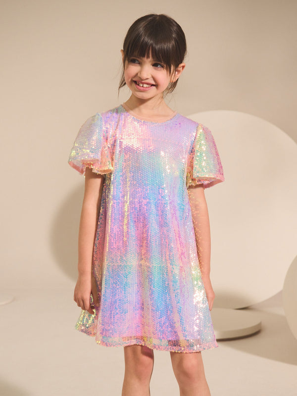 Rainbow Angel Sleeve Sequin Party Dress (3-16yrs)