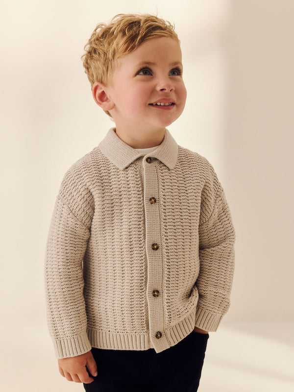 Neutral Textured Button Through Knitted Polo Shirt (3mths-7yrs)