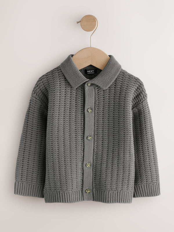 Charcoal Grey Textured Button Through Knitted Polo Shirt (3mths-7yrs)