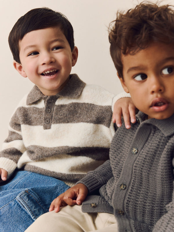 Grey/Brown Stripe Knitted Rugby Polo Shirt (3mths-7yrs)