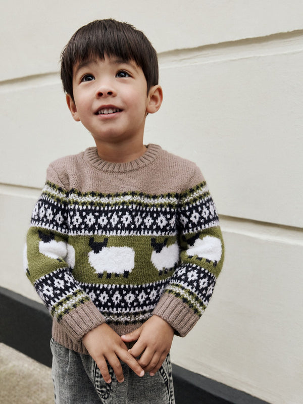 Brown Sheep Fairisle Pattern Knitted Crew Neck Jumper (3mths-7yrs)