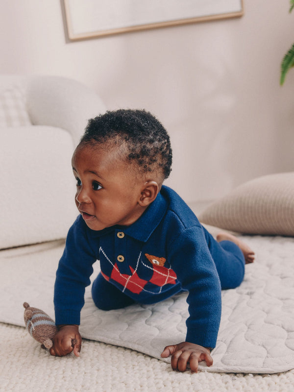 Blue/Red Argyle Baby Knitted Top and Leggings Set (0mths-2yrs)