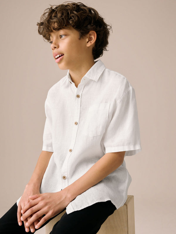 White Short Sleeve 100% Linen Shirt (3-16yrs)
