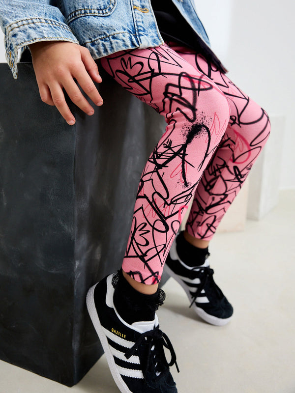 Pink Graffiti Heart Printed Leggings (3-16yrs)