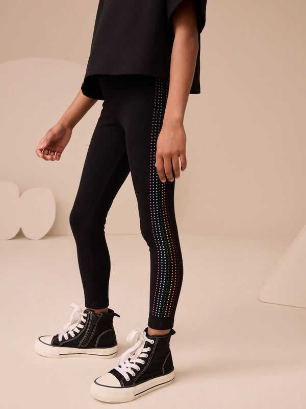 Black Rainbow Diamante Party Leggings (3-16yrs)