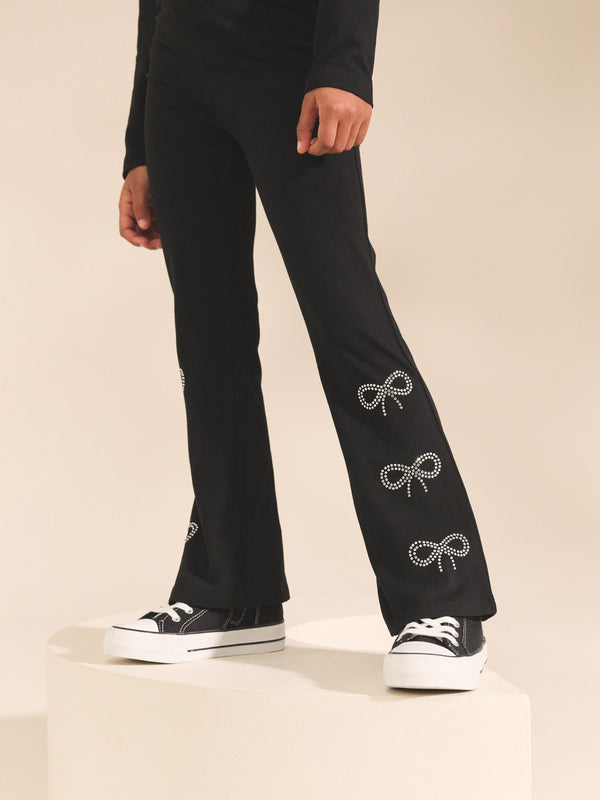Black Diamante Bow Flare Leggings (3-16yrs)