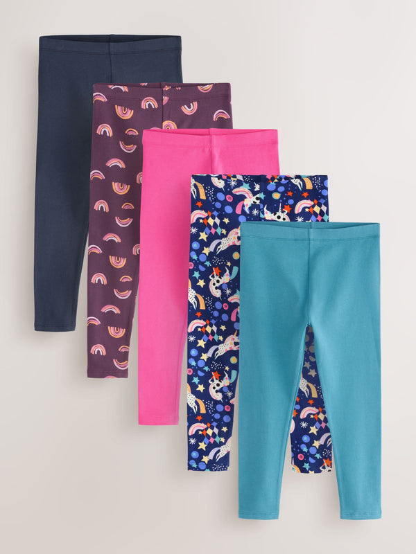 Navy/Pink Rainbow Unicorn Leggings 5 Pack (3-16yrs)