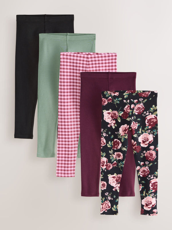 Floral/Check/Berry Red Leggings 5 Pack (3-16yrs)