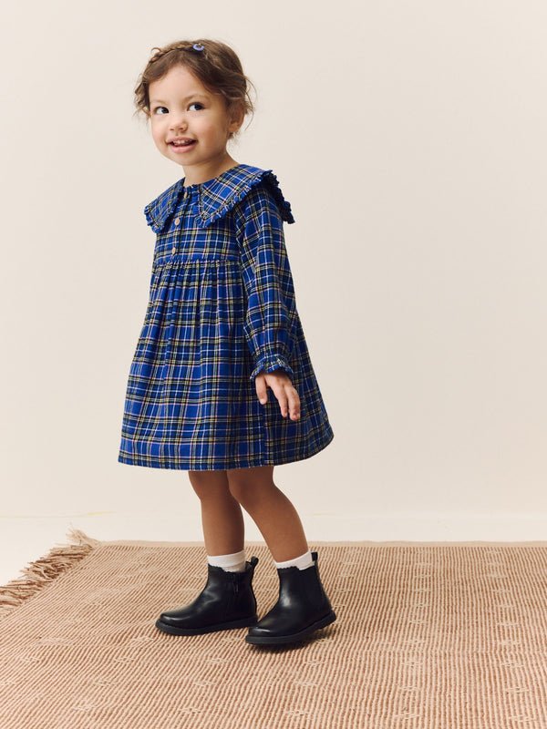 Cobalt Blue Check Long Sleeve Collar Dress (3mths-8yrs)