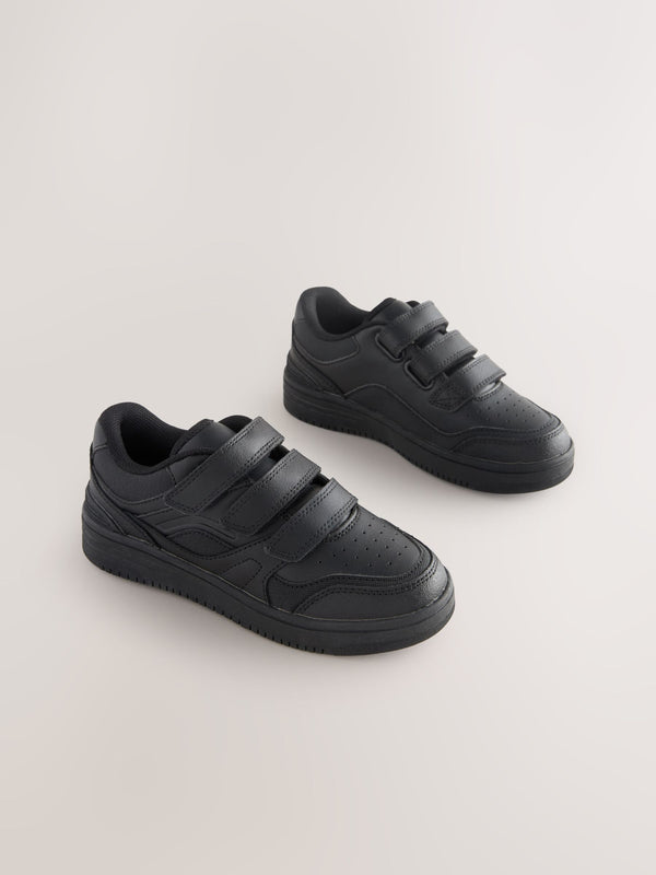 Black Leather 3 Strap Touch Fastening School Shoes