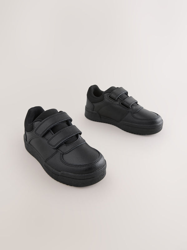 Black Leather 2 Strap Touch Fastening School Shoes