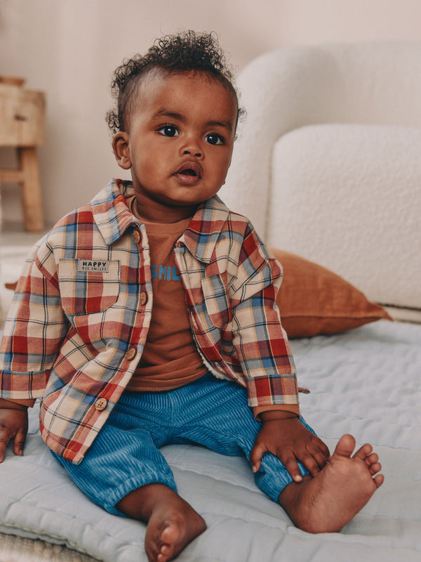 Brown/Navy Baby Shacket Top and Trousers 3 Piece Set (0mths-2yrs)