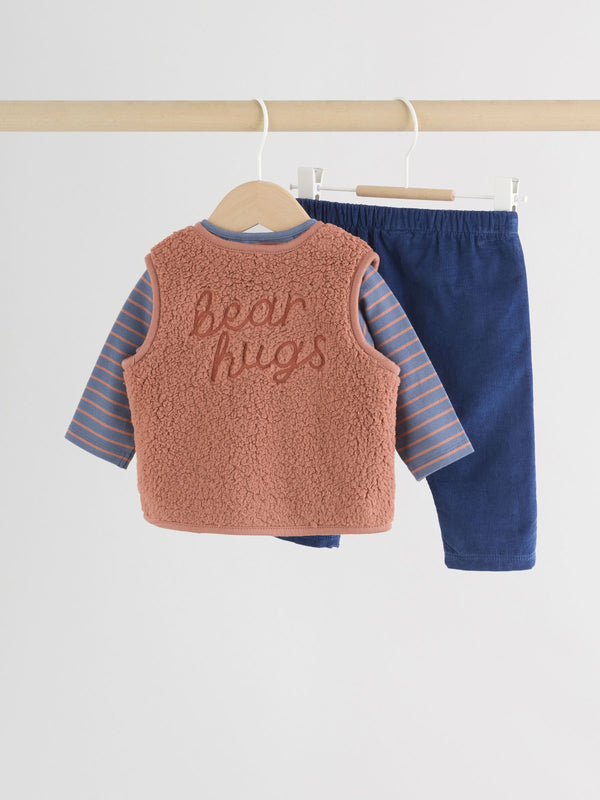 Blue/Brown Bear Hugs Slogan Borg Baby Gilet Top and Leggings Set (0mths-2yrs)
