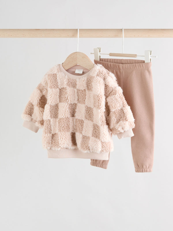 Neutral Checkerboard Baby Fleece Top and Joggers Set (0mths-2yrs)