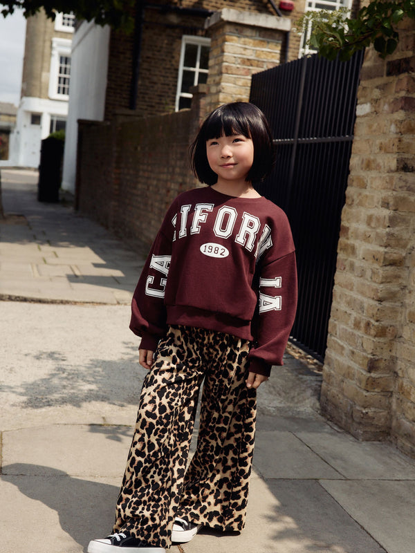 Burgundy Red Varsity Sweatshirt And Animal Print Wide Leg Trousers Set (3-16yrs)