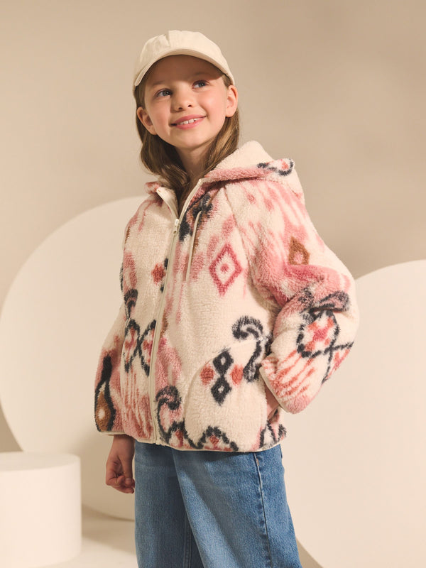 Ecru/Pink Abstract Hooded Zip Borg Fleece Jacket (3-16yrs)