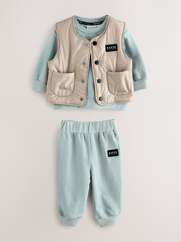 Baker by Ted Baker Stone/Green Gilet Sweatshirt and Joggers 3 Piece Set