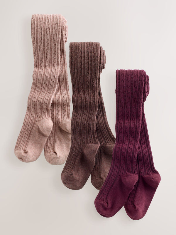 Pink Berry Red and Chocolate Brown Regular Length 3 Pack Cotton Rich Cable Tights