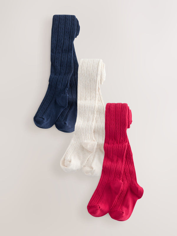 Red Cream and Navy Blue Regular Length 3 Pack Cotton Rich Cable Tights