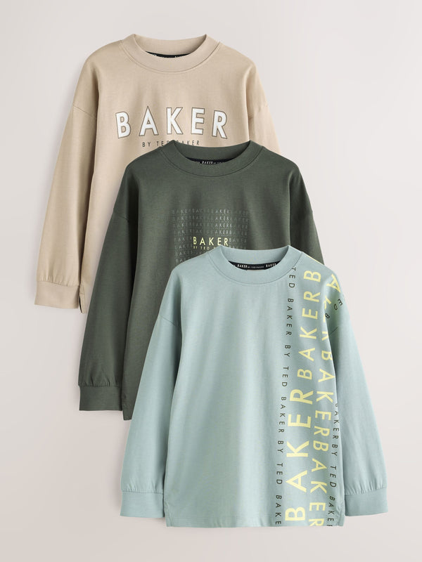 Baker by Ted Baker Khaki Green Stone Long Sleeve Graphic Print T-Shirts 3 Pack