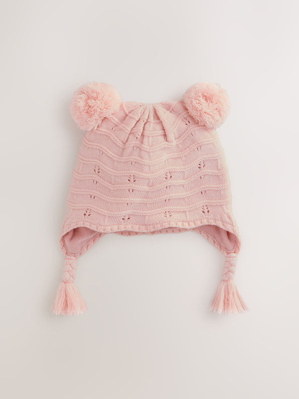 Pink Baby Pointelle Double Pom Trapper Hat (0mths-2yrs)