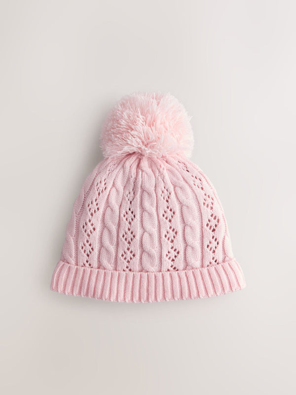 Pink Pointelle Cable Knitted Pom Hat (0mths-2yrs)