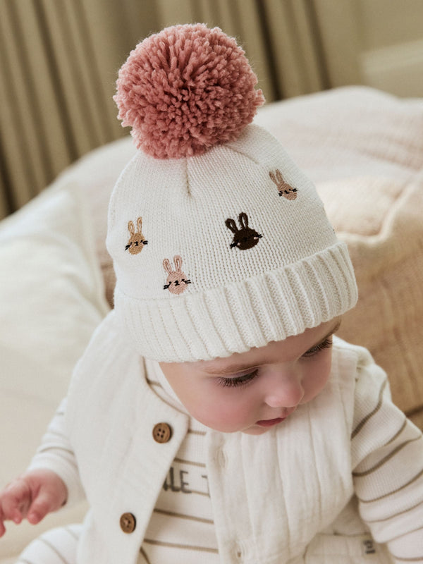 Pink/Cream Embroidered Bunny Character Pom Knitted Hat (0mths-2yrs)