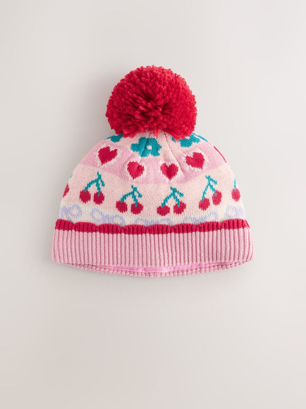 Pink Baby Cherry Fairisle Pattern Knitted Pom Hat (0mths-2yrs)