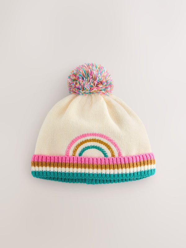 Cream Rainbow Embroidered Baby Knitted Pom Hat (0mths-2yrs)
