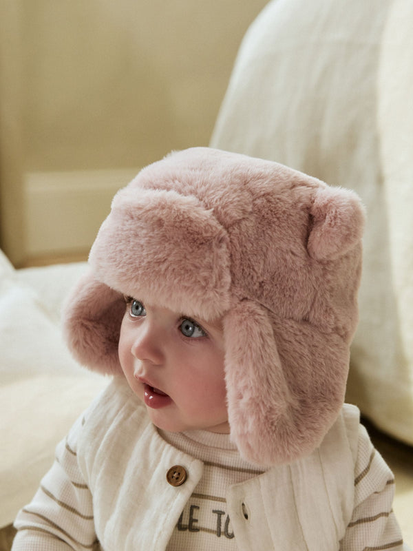 Pink Faux Fur Bear Embroidered Baby Trapper Hat (0mths-2yrs)