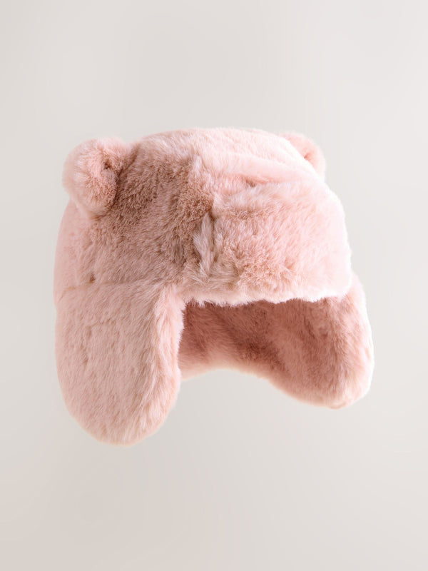 Pink Faux Fur Bear Embroidered Baby Trapper Hat (0mths-2yrs)