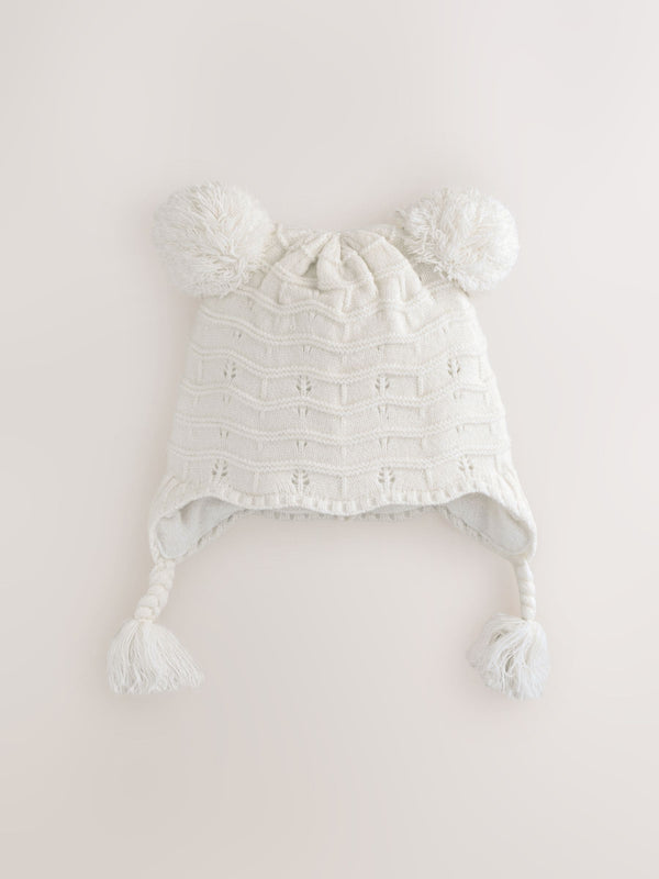 White Knitted Baby Pointelle Double Pom Trapper Hat (0mths-2yrs)