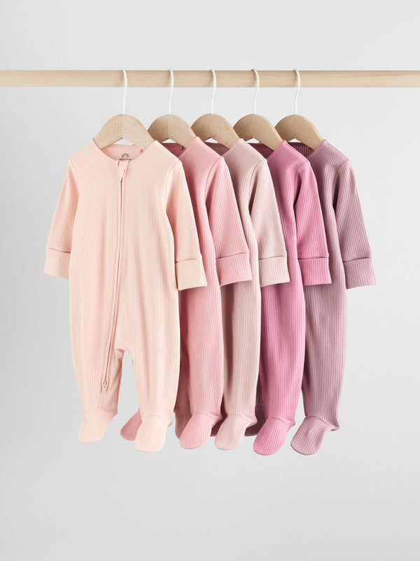 Pink 5 Pack Baby Two Way Zip Sleepsuits (0-2yrs)