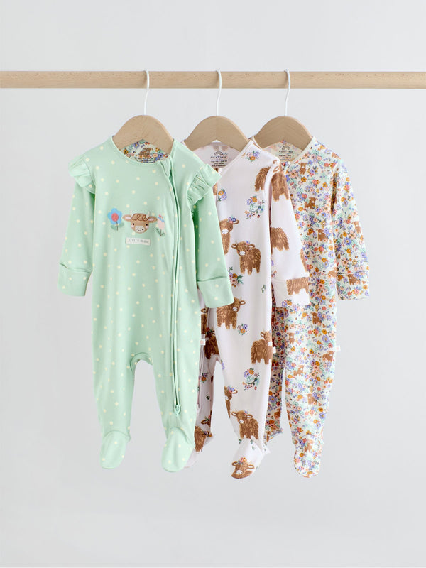 Sage Green Two Way Zip Baby Sleepsuits 3 Pack (0-2yrs)