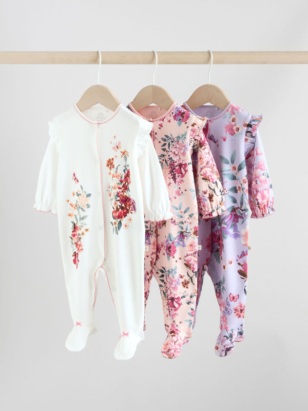 Ecru Floral Baby Sleepsuits 3 Pack (0mths-2yrs)