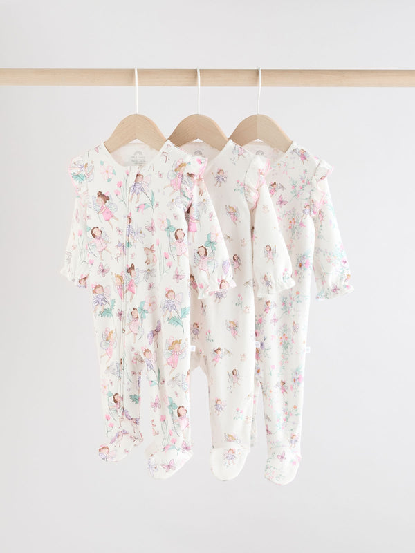 Ecru Fairy Two Way Zip Baby Sleepsuits 3 Pack (0-2yrs)